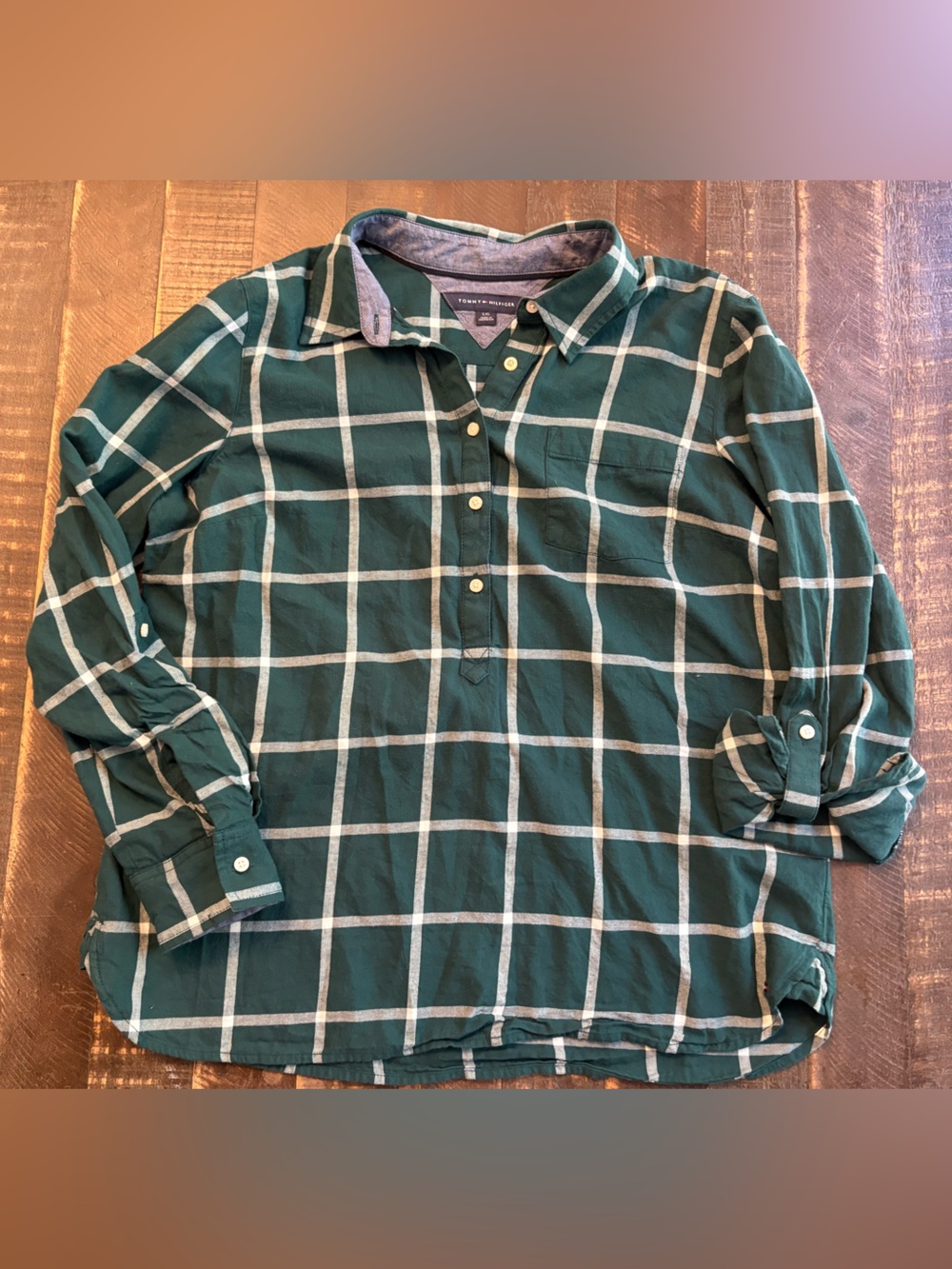 Tommy Hilfiger Dark Green & White Plaid 1/2 Button-Down Preppy Collared Shirt